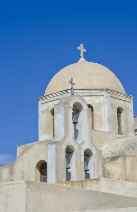Framed Print : Yellow Greek Orthodox Church in Fira in Santorini Greece in Greek Islands