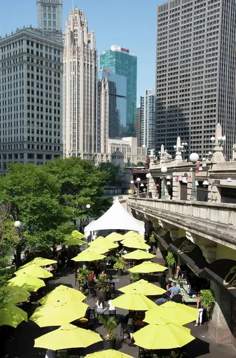 Framed Print : Yellow umbrellas at cafe at Riverwalk along the Chicago River in downtown Chicago