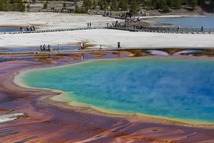 Framed Print : Yellowstone National Park, USA, Wyoming. Grand Prismatic Spring with tourist Framed Print : Yellowstone National Park, USA, Wyoming. Grand Prismatic Spring with tourist