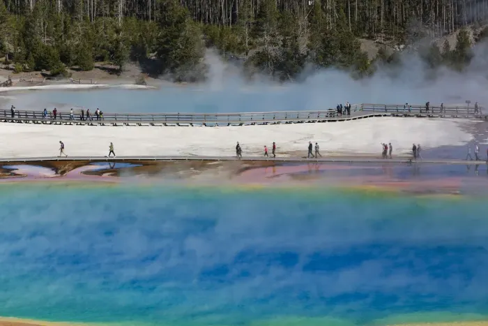 Framed Print : Yellowstone National Park, USA, Wyoming. Grand Prismatic Spring with tourist Framed Print : Yellowstone National Park, USA, Wyoming. Grand Prismatic Spring with tourist
