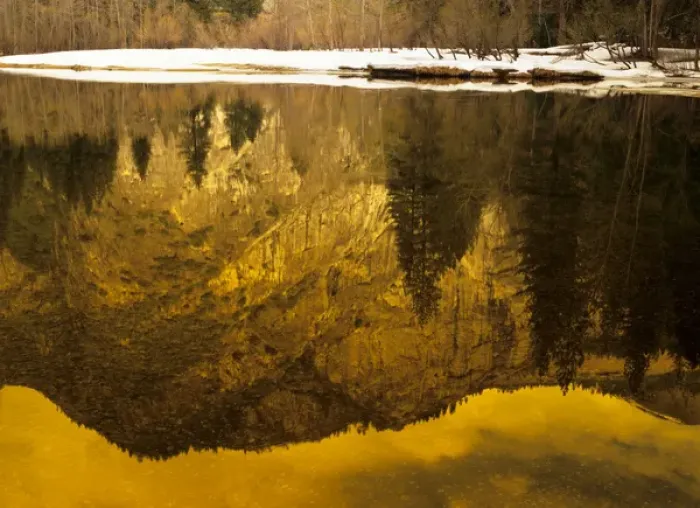 Framed Print : Yosemites granite forms reflect in the calm waters of the Merced River