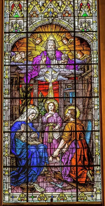 Framed Print : Young Jesus, Mary, Joseph and God the Father stained glass Gesu Church, Miami, Florida. Built 1920's Glass by Franz Mayer Framed Print : Young Jesus, Mary, Joseph and God the Father stained glass Gesu Church, Miami, Florida. Built 1920's Glass by Franz Mayer