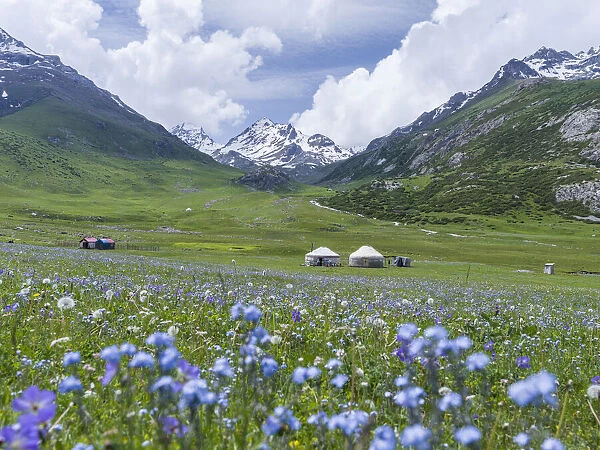 Yurts on the high altitude summer pastures. National Park Besch Tasch in the Talas Alatoo