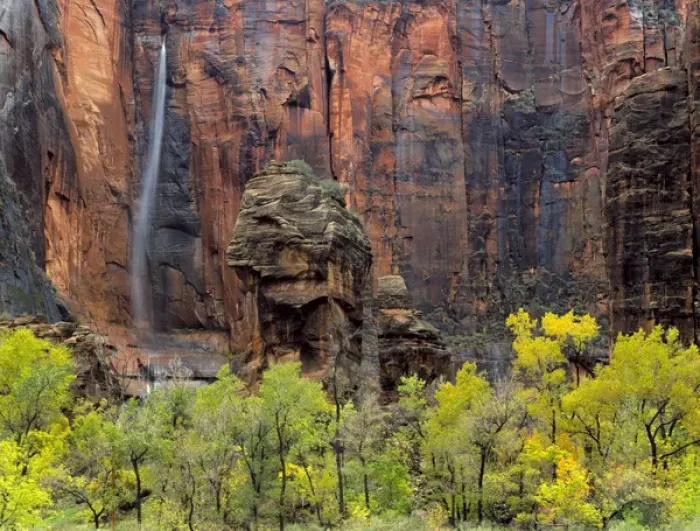 Framed Print : Zion National Park, Utah. USA. Ephemeral waterfall pours over cliff above rock formation Framed Print : Zion National Park, Utah. USA. Ephemeral waterfall pours over cliff above rock formation