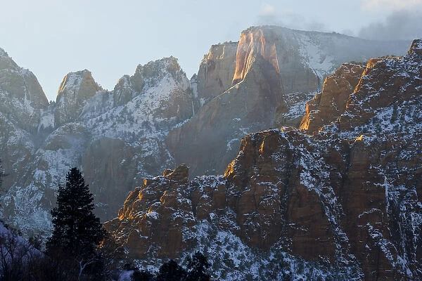 Zion National Park, Utah. USA. Mist blows around Towers of the Virgin after heavy