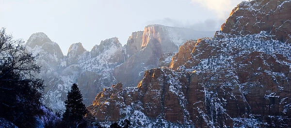 Zion National Park, Utah. USA. Mist blows around Towers of the Virgin after heavy