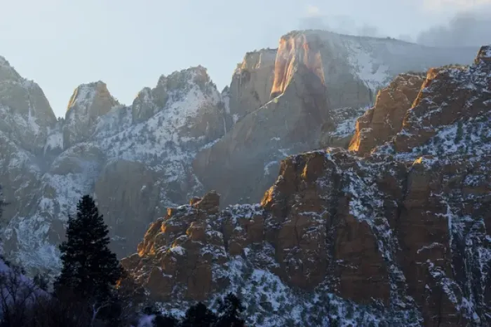 Framed Print : Zion National Park, Utah. USA. Mist blows around Towers of the Virgin after heavy