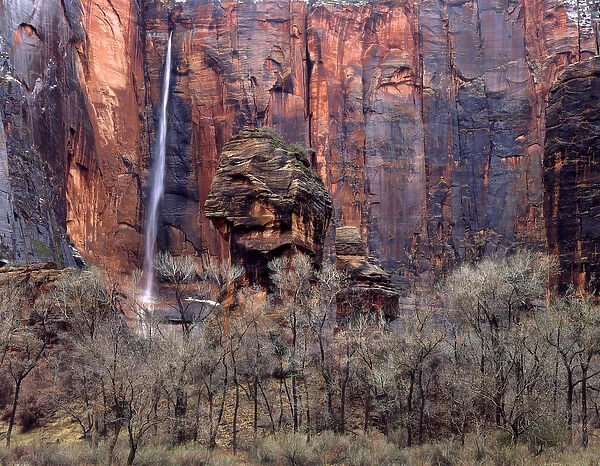 Zion National Park, Utah. USA. The Pulpit & ephemeral waterfall. Temple of Sinawava in winter