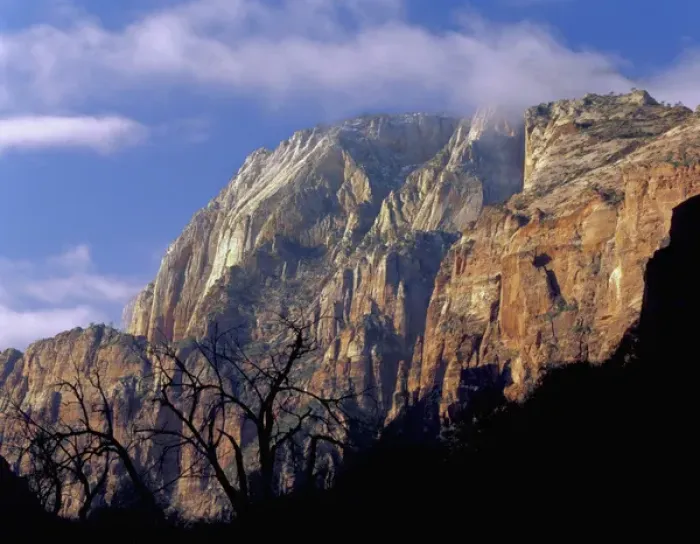 Framed Print : Zion National Park, Utah. USA. Stratus clouds & cliffs of Zion Canyon in winter