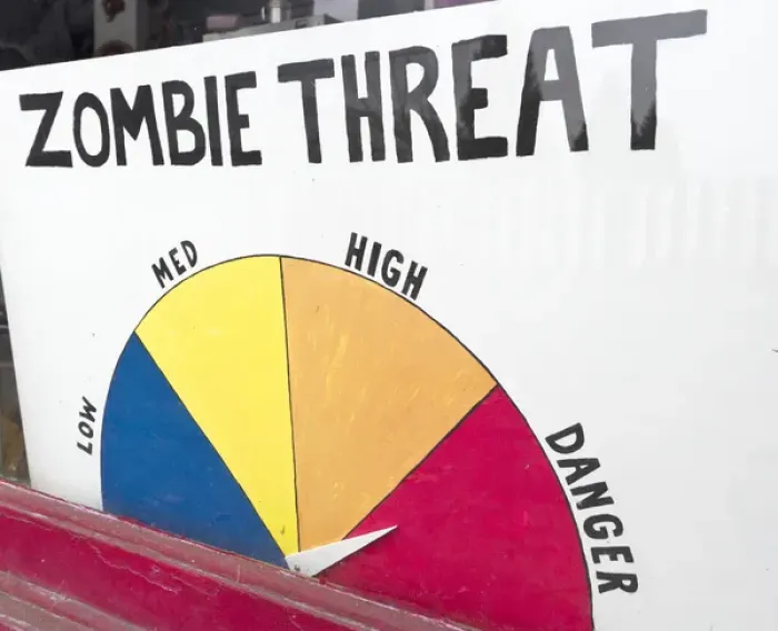 Framed Print : Zombie Threat sign in toy store window, Portland, Oregon Framed Print : Zombie Threat sign in toy store window, Portland, Oregon