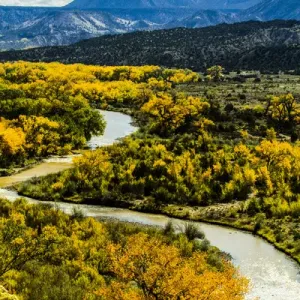 Abiquiu, New Mexico, Curvy Chama River winds through the Abiquiu Valley in Autumn