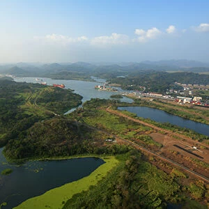 aerial image of Panama Canal close to Panama City and Miraflores Locks, expansion work visible