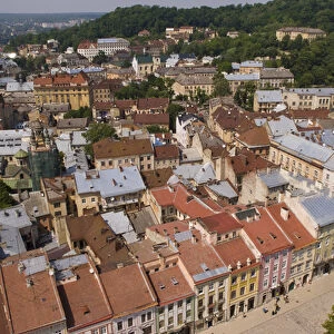 Aerial from above shot from City Hall tower of the beautiful city of Lviv Ukraine