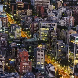 Aerial view of downtown skyline at dusk, Santiago, Chile