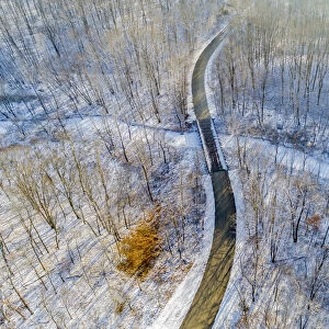 Aerial view of forest and road after snowfall in winter Stephen A