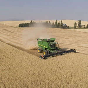 Aerial view of a John Deere combine cutting wheat on a sunny afternoon, Spokane County
