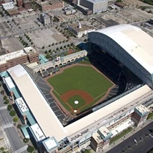 Aerial view of Minute Maid Park baseball stadium in Houston, Texas