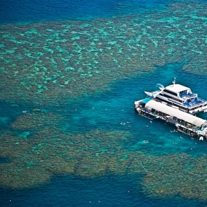 Aerial view of a tour boat docked at a pontoon at the Great Barrier Reef, Queensland