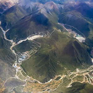 Aerial view of village and barley field in Lhasa Valley, Tibet, China