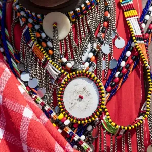 Africa, Kenya, Masai Mara National Reserve, Mara Ashnil region. Masai tribal jewelry Africa, Kenya, Masai Mara National Reserve, Mara Ashnil region. Masai tribal jewelry