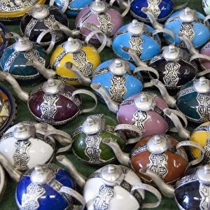 Africa, Morocco, Casablanca. Traditional handicraft market. Souvenir ceramic tea pots