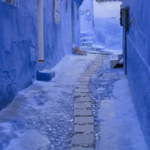 Africa, Morocco, Chefchaouen. A quiet alleyway in blue, the typical paint color of