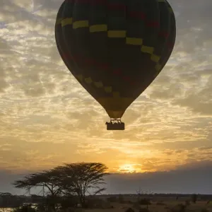 Africa. Tanzania. Hot air balloon crossing the Mara river in Serengeti NP