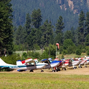 Airstrip with airplanes parked at Garden Valley in the Boise National Forest, Idaho