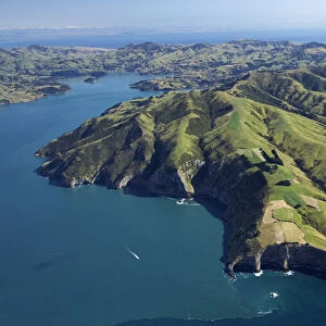 Akaroa Harbour (left) and Banks Peninsula, Canterbury, South Island, New Zealand- aerial