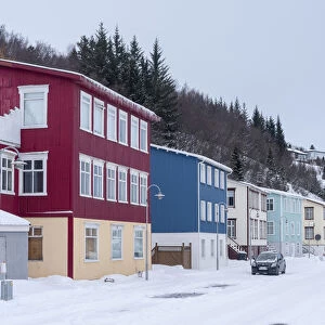 Akureyri during winter. Old town with traditional and historic buildings