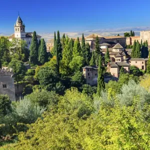 Alhambra Castle Tower Walls Cityscape Church Granada Andalusia Spain Alhambra Castle Tower Walls Cityscape Church Granada Andalusia Spain