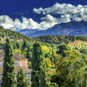 Alhambra Church Castle Towers Farm Mountains Granada Andalusia Spain Alhambra Church Castle Towers Farm Mountains Granada Andalusia Spain