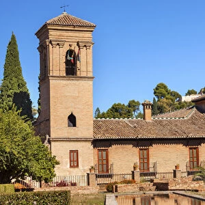 Alhambra Stone Building Garden Pool Reflection Granada Andalusia Spain