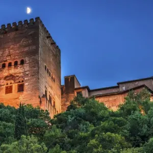 Alhambra Tower Moon from Walking Street Del Darro Albaicin Granada Andalusia Spain Alhambra Tower Moon from Walking Street Del Darro Albaicin Granada Andalusia Spain