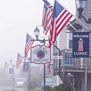 American flags line the Main Street of Lubec, Maine, USA