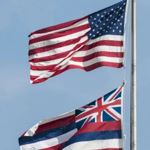 American and Hawaiian State flags Print, Oahu Hawaii American and Hawaiian State flags Print, Oahu Hawaii