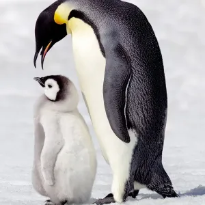 L'Antarctique, Snow Hill. Un poussin debout à côté de son parent qui vocalise et interagit. L'Antarctique, Snow Hill. Un poussin debout à côté de son parent qui vocalise et interagit.