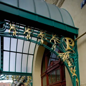 Art Nouveau ornamentation on exterior of Municipal House (theater), Prague, Czech