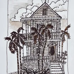 Victorian Conch House Print with Palm Trees in Key West Victorian Conch House Print with Palm Trees in Key West