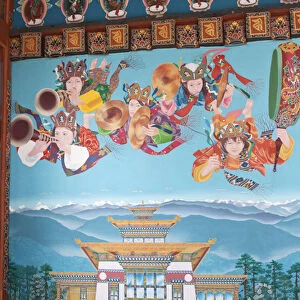 Asia, Bhutan, Dochu La. Mural inside Zangto Pelri Lhakhang temple