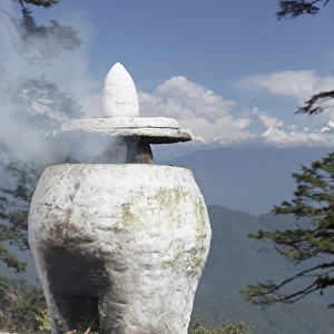 Asia, Bhutan. Incense burner at Dorcha La Pass