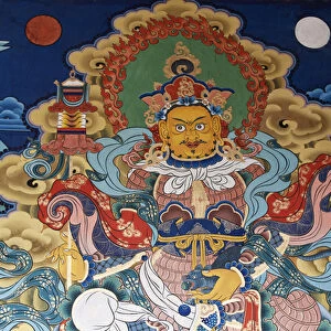 Asia, Bhutan, Punakha. Murals depicting aspects of Buddhist culture inside Punakha Dzong temple