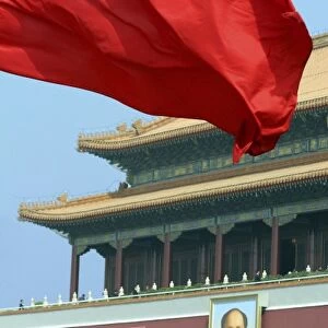 Asia, China, Beijing. Chinese Flag, Forbidden Palace, and Mao