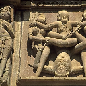 Asia, India, Khajuraho. Erotic carved figures remind visitors to leave sexual or