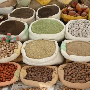 Assorted spices sold at an open market at the village fair, known as Haat