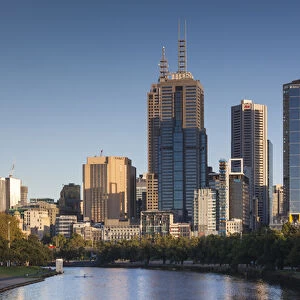 Australia, Victoria, VIC, Melbourne, skyline along Yarra River, morning