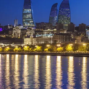 Azerbaijan, Baku. Bulvar Promenade, city skyline with Flame Towers Azerbaijan, Baku. Bulvar Promenade, city skyline with Flame Towers