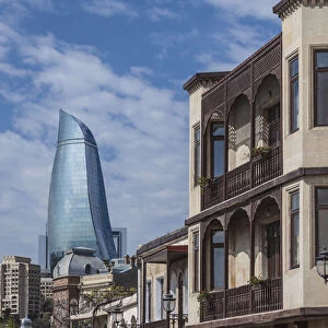 Azerbaijan, Baku. Old City and Flame Towers