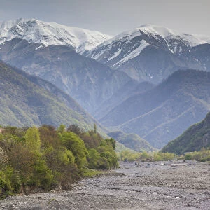 Azerbaijan, Kish. View of the snowcapped Caucasus Mountains
