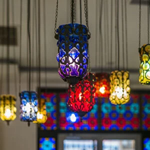 Azerbaijan, Sheki. Traditional middle eastern-style decorative lamps